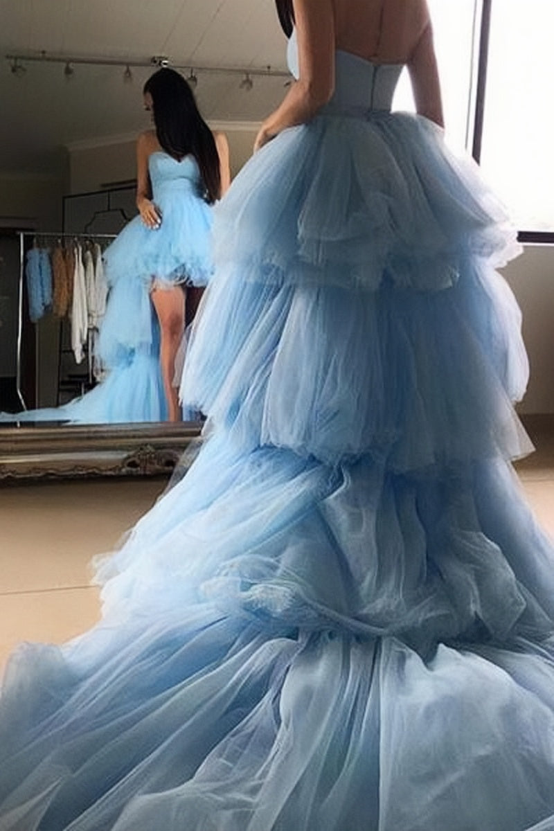 Blue Tulle High Low Prom Dresses, Blue Tulle High Low Long Formal Even –  morievent