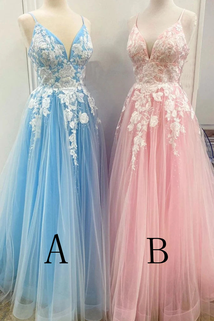 Blue Tulle A-line Spaghetti Straps Floor length Prom Dresses, Formal Dress,  MP669