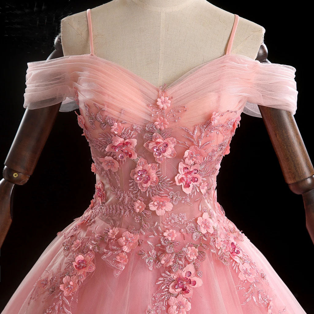 Pink Tulle Floral Flower Ball Gowns Dresses Off Shoulder – alinanova