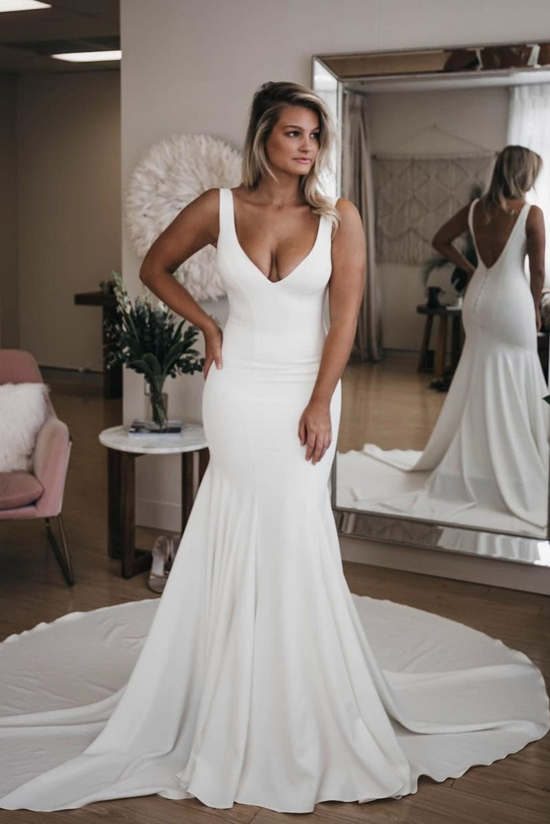 Simple V Neck Sparkly Wedding Dresses Low Back Bridal Dress VW1460 –  Viniodress