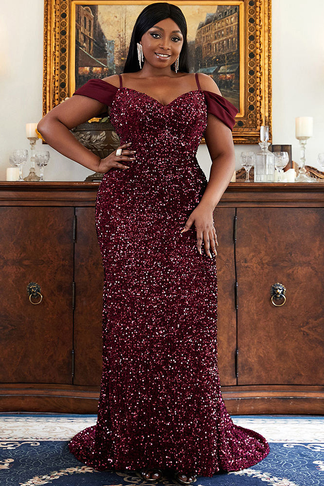 Off-the-shoulder Sweep Train Party Dresses Sequin Plus Size Formal