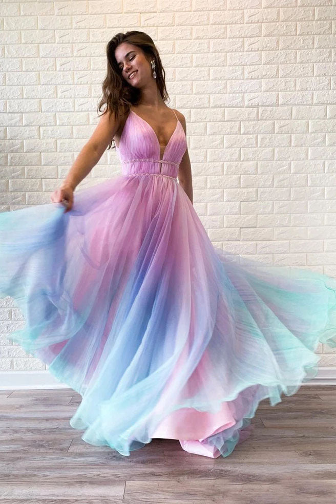 Flowy A Line Spaghetti Straps V Neck Sleeveless Ombre Prom Dresses