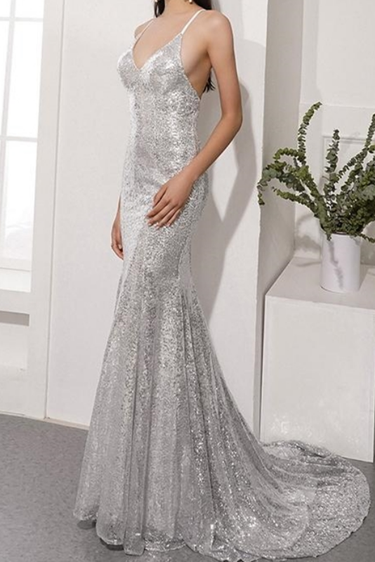 Sparkly Silver Sequined Mermaid Spaghetti Straps Sweep Train Prom Dress