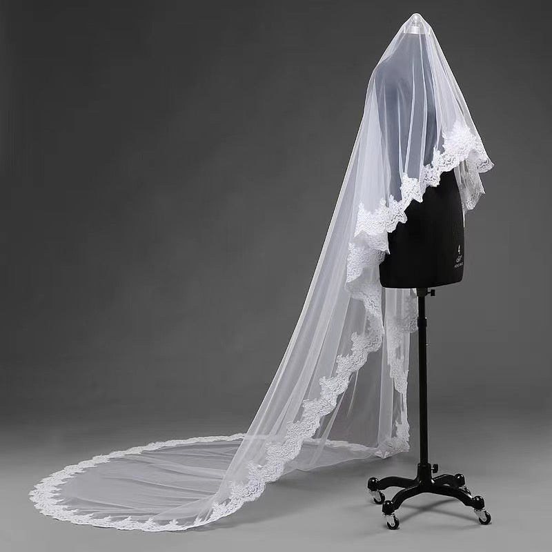 Lace Trim Long Ivory Tulle Wedding Veils – loveangeldress