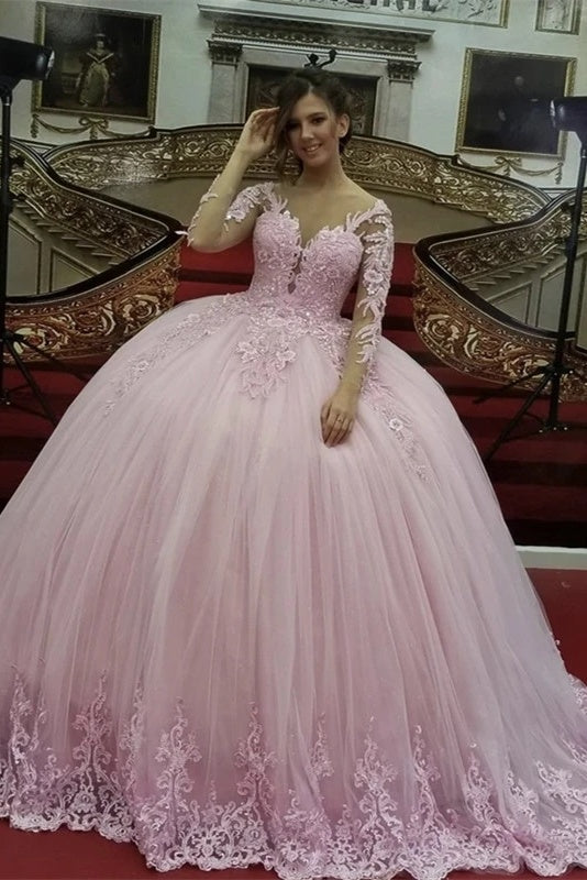 Ball Gown Long Sleeves Lace Appliqued Tulle Light Pink Sweet 16 Prom D