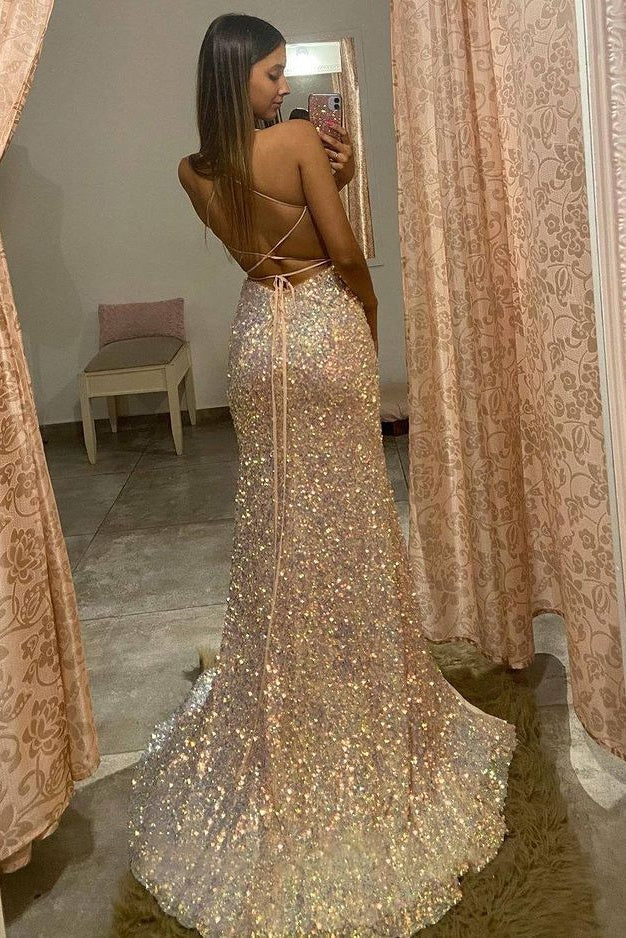 Spaghetti Straps Mermaid Sequin Prom Dress, High Slit V-neck