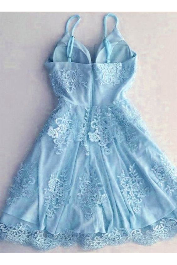 Simple Light Blue Spaghetti Strap Prom Dresses with Pockets FD1551