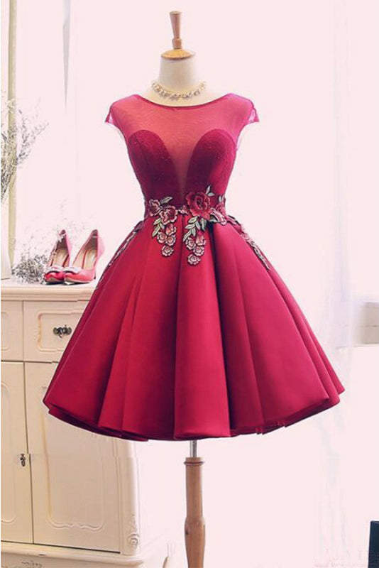 V Neck Backless Layered Burgundy Lace Short Prom Dress, Short
