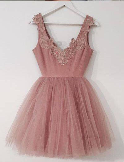 Elegant Dusty Pink Lace Applique Tulle A Line Short Homecoming Dress, –  AlineBridal