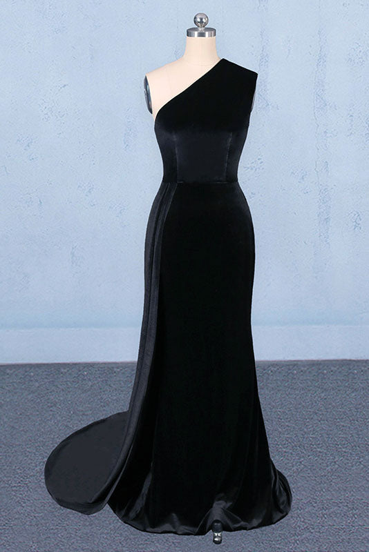 One Shoulder Black Velvet Long Prom Dresses, Black One Shoulder