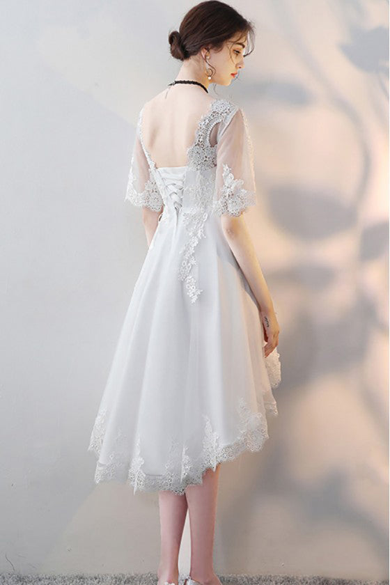 White Lace Short Party Dresses High Low Tulle Homecoming Dresses with Half  Sleeves N1909