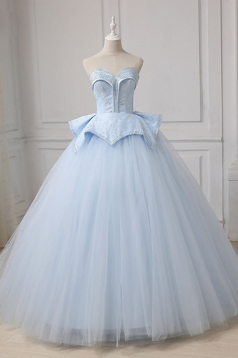 Jewel Beading Bodice Sparkle Light Blue Tulle Prom Dress with Short Sleeves  PD1754