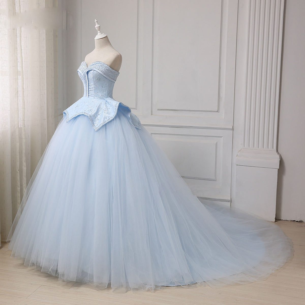 Jewel Beading Bodice Sparkle Light Blue Tulle Prom Dress with Short Sleeves  PD1754