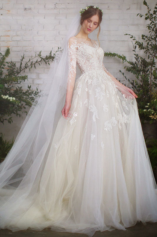 Romantic 3/4 Sleeves Illusion Neckline Lace Appliqued Wedding Dresses –  Simibridaldresses