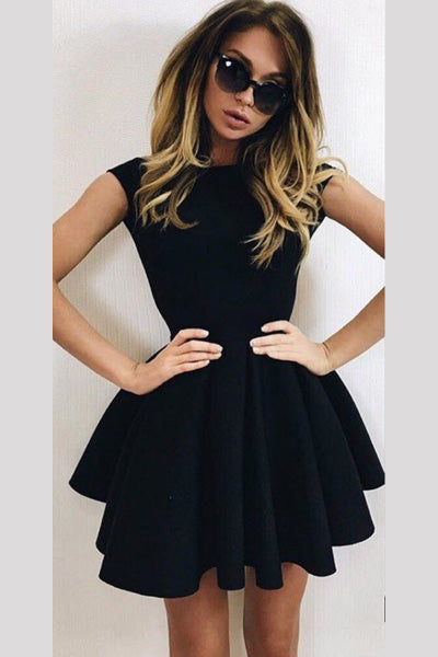 A-Line Short Sleeves Black Ruched Satin Homecoming Gown,Cocktail Dress