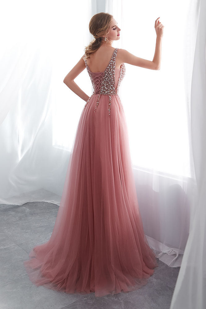 New Arrival Pink Sequins Sleeveless Evening Dresses With Split – Ballbella