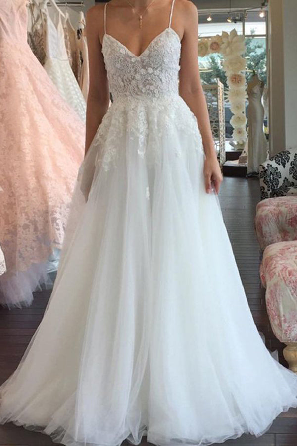Ivory A-line Tulle Lace Top Straps Wedding dresses MW683