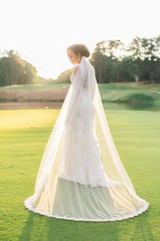Modern Cathedral Bridal Veil with Alencon Lace Edge – BestWeddingVeil
