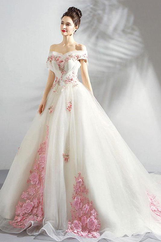 Unique Off the Shoulder Tulle Wedding Dresses with Pink Flowers Ball G