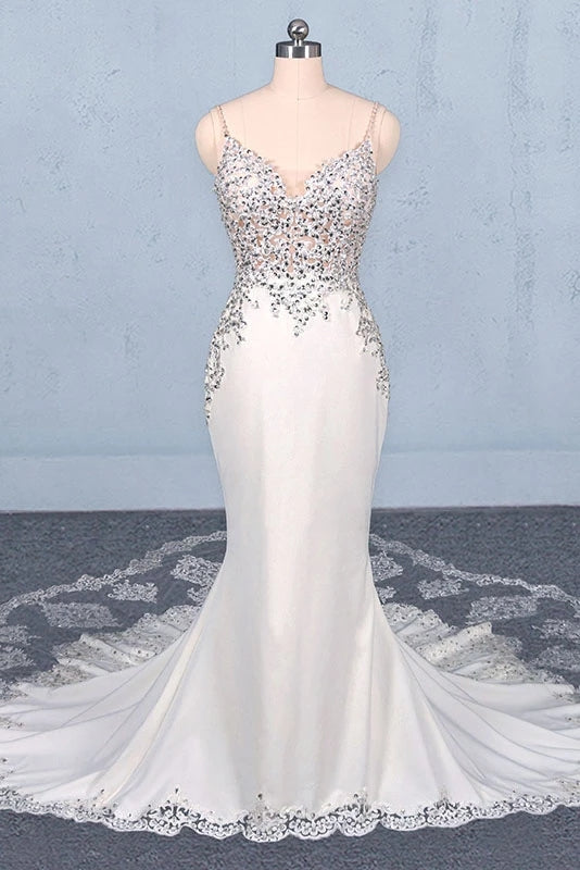Gorgeous White Spaghetti Straps Lace Tulle Mermaid Court Train Wedding  Dresses, MW239