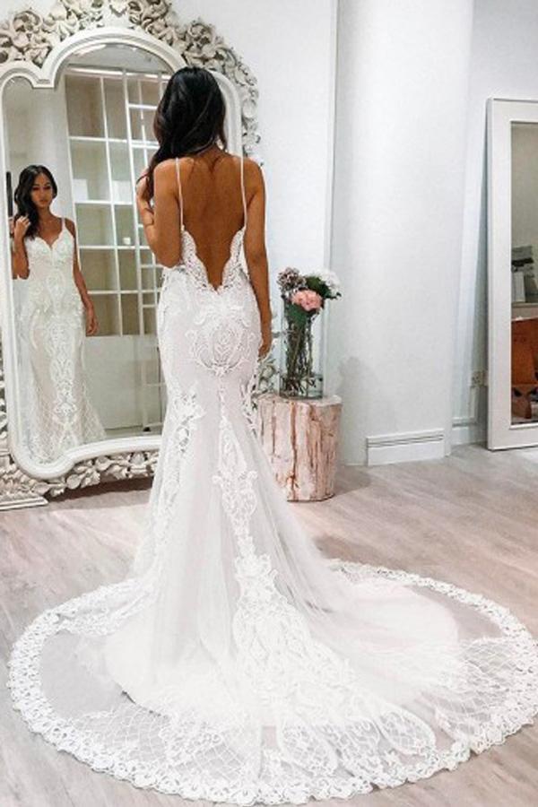 Sexy Backless Split Mermaid Wedding Dress Spaghetti Straps Lace Bridal Gown  2021