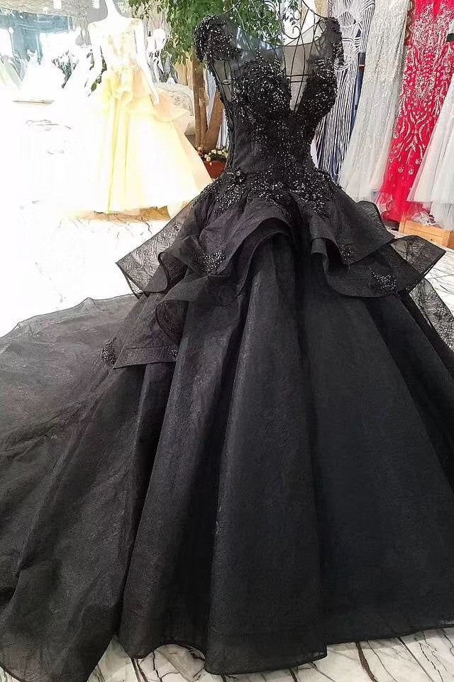 Stunning Cap Sleeves Ball Gown Black Long Quinceanera Dresses