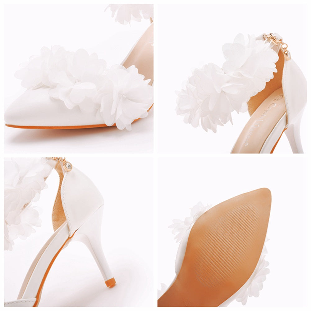 White Flowers Pointed Toe Ankle Strap High Heels