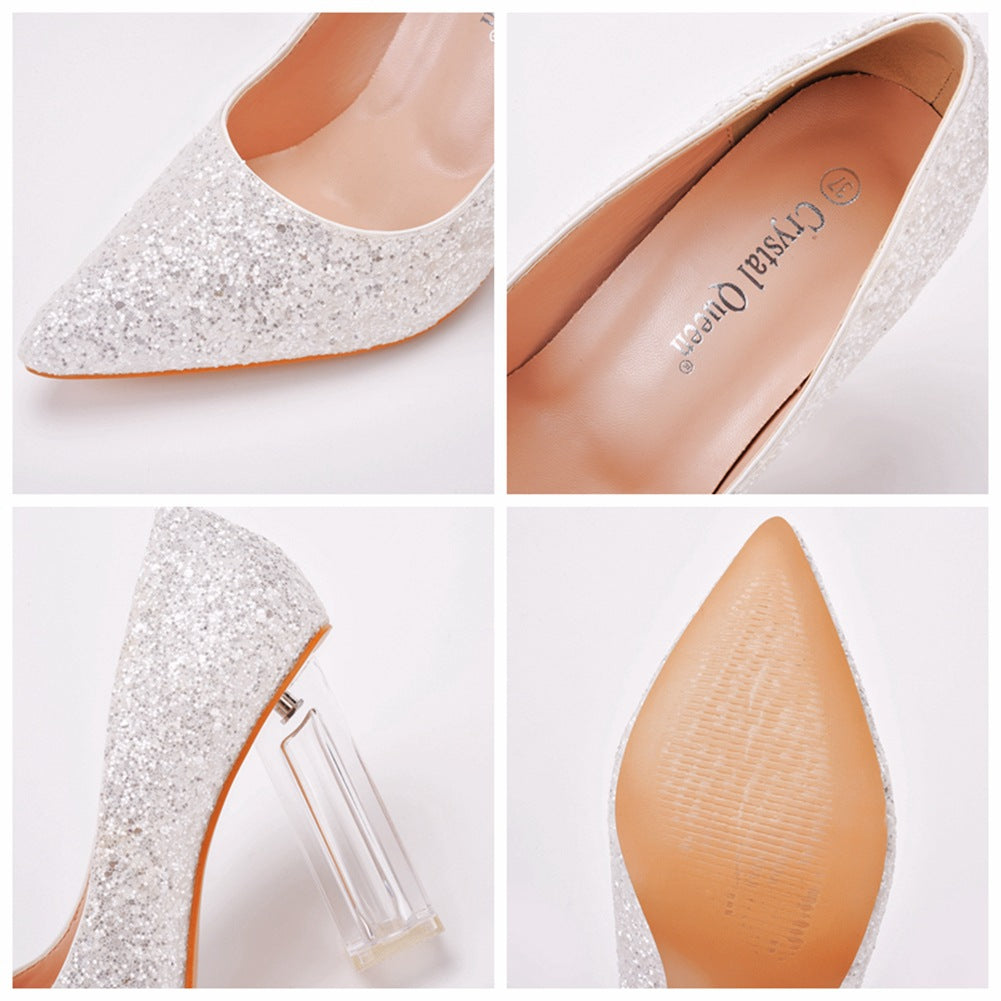 Pointed Toe Satin Crystal Transparent Slip On High Heels