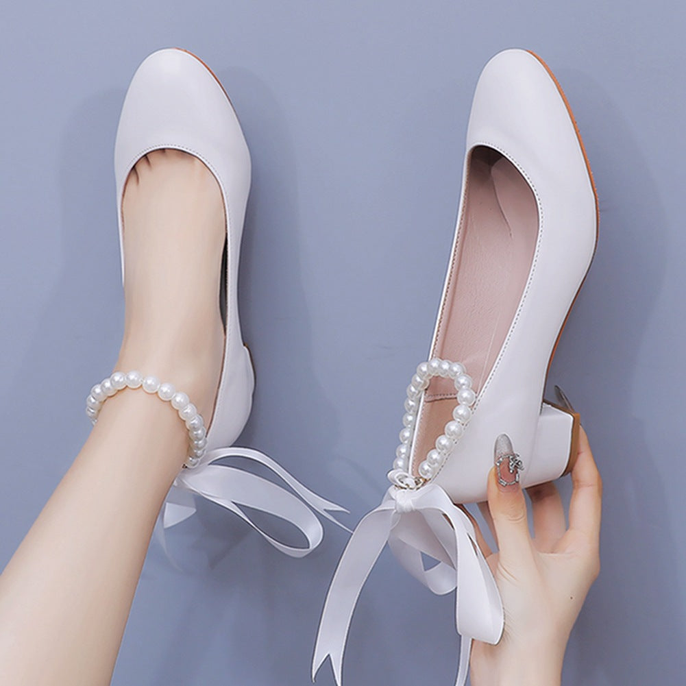 Round Toe Low Chunky Heels Beaded Wedding Shoes