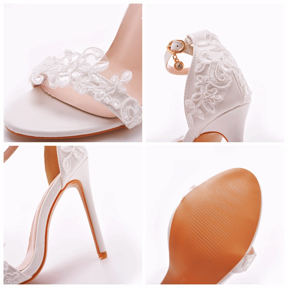 Open Toe Lace Ankle Strap Wedding High Heel