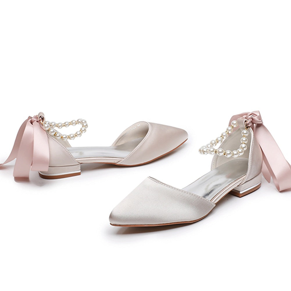 Elegant Pearl Ribbon Tie Satin Flat Heel Pointed Toe Bridal Shoes