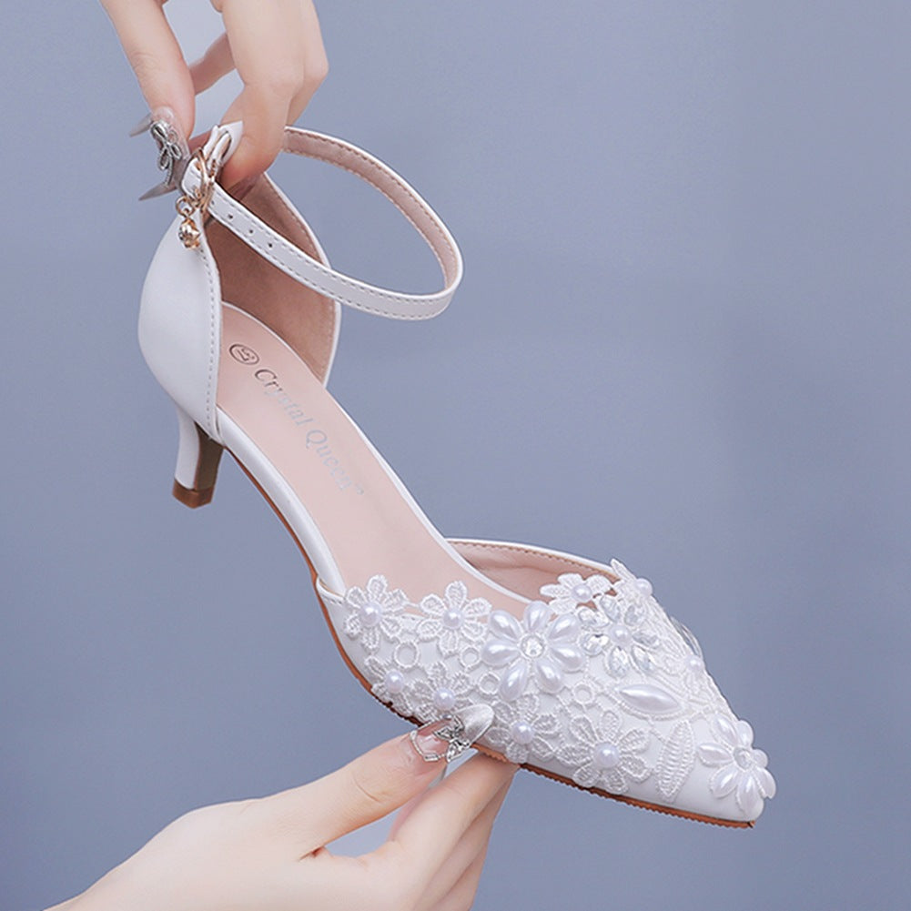 White Lace And Rhinestone Pointed Toe Wedding Shoes