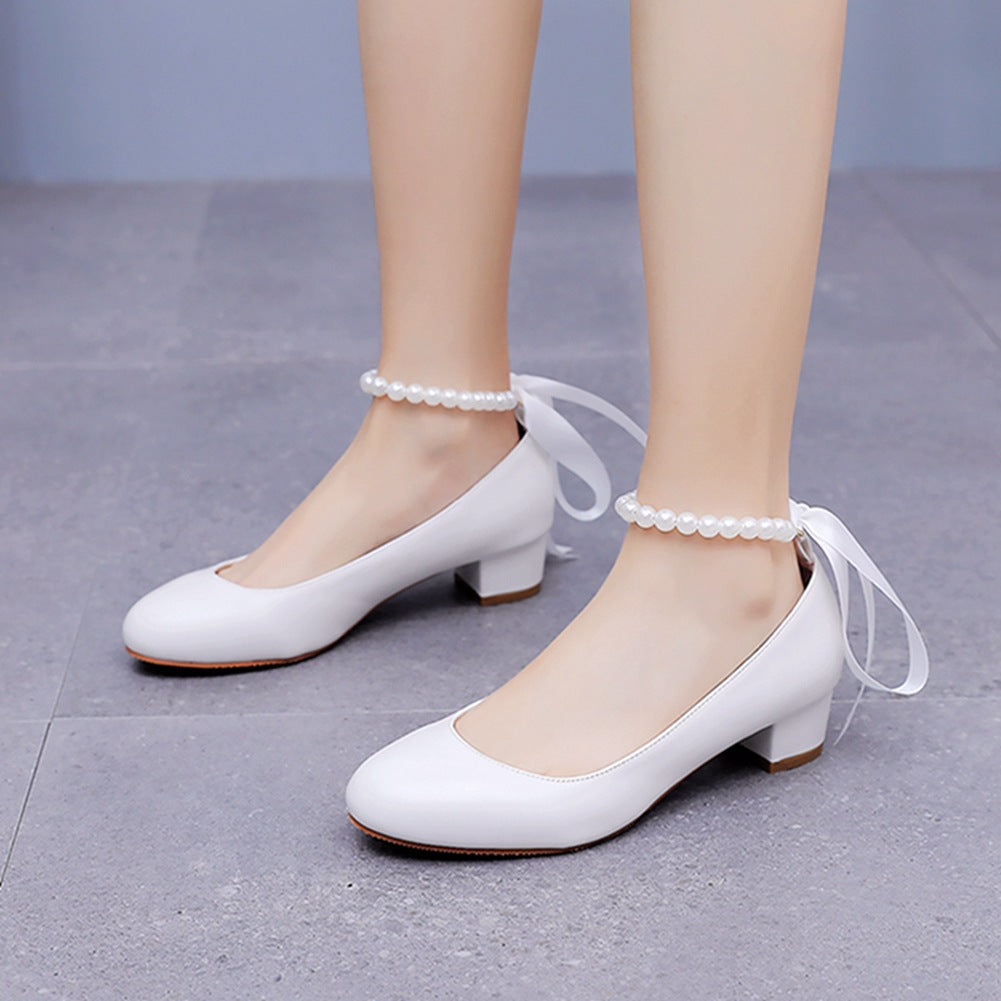 Round Toe Low Chunky Heels Beaded Wedding Shoes