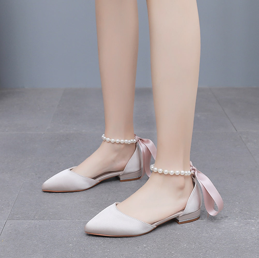 Elegant Pearl Ribbon Tie Satin Flat Heel Pointed Toe Bridal Shoes