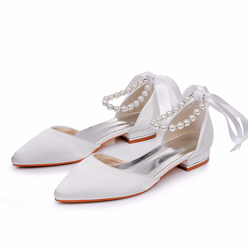 Satin Beaded Ribbon Kitten Heels Bridal Shoes