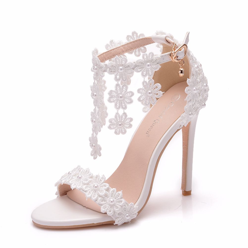 Open Toe White Lace Flowers Tassels Ankle-Strap Ultra High Heels