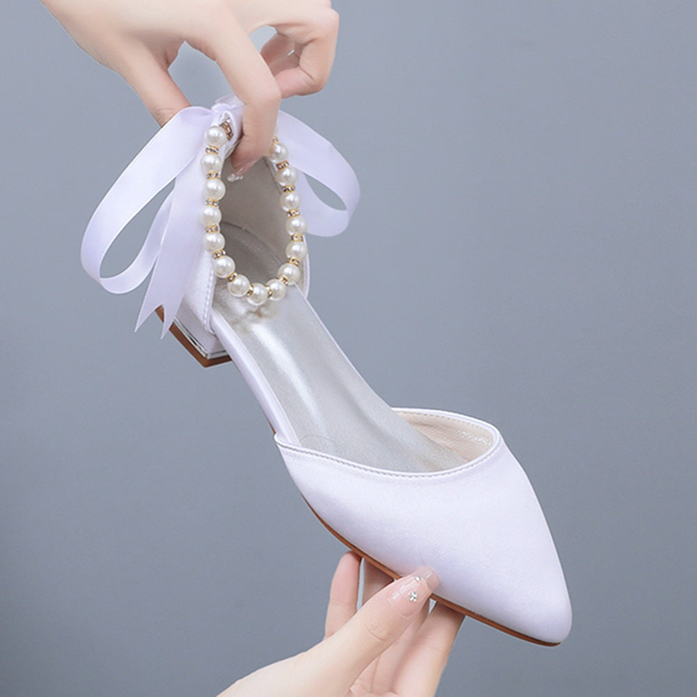 Elegant Pearl Ribbon Tie Satin Flat Heel Pointed Toe Bridal Shoes