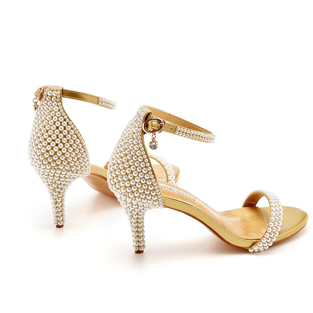 Open Toe Pearl Ankle Strap Wedding High Heel