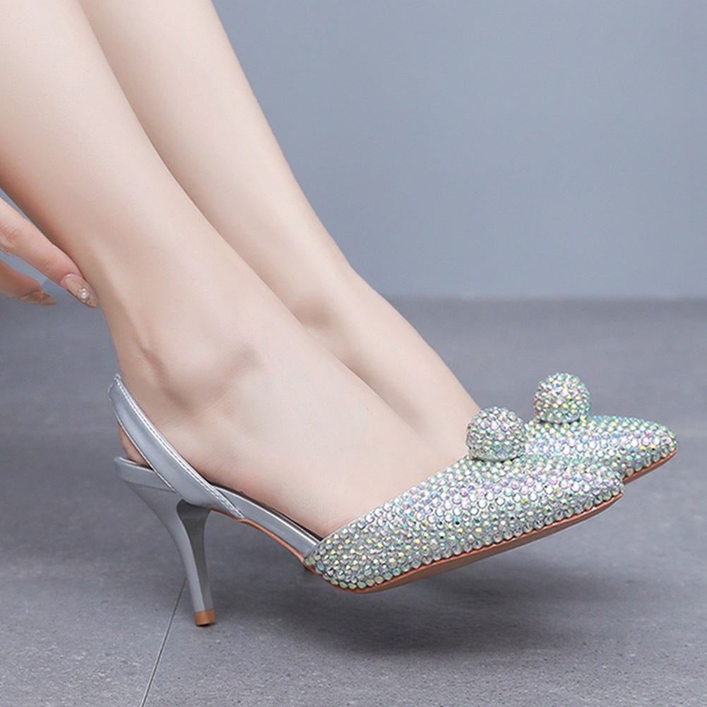 Glittering Rhinestone Ball Bead Pointed Toe High Heels