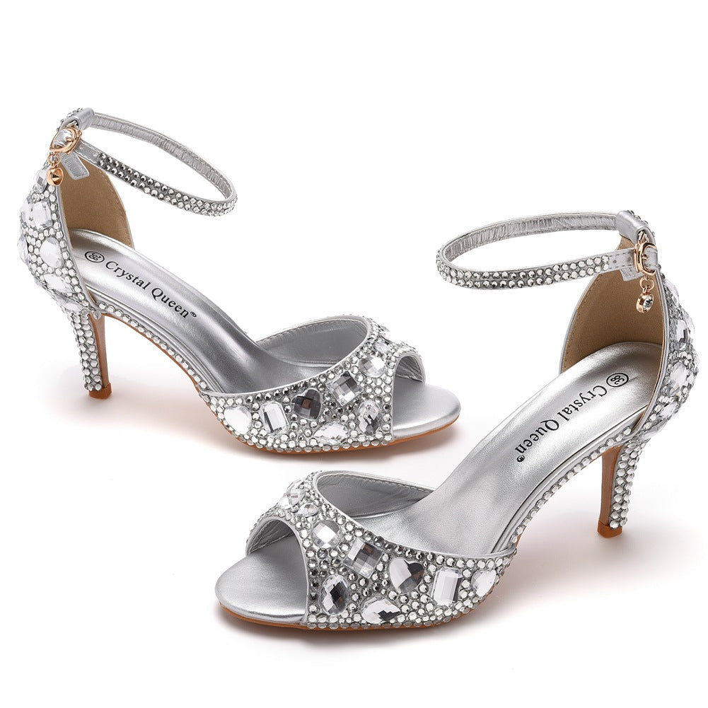 Peep Toe Rhinestone Decor Ankle-Strap High Heels