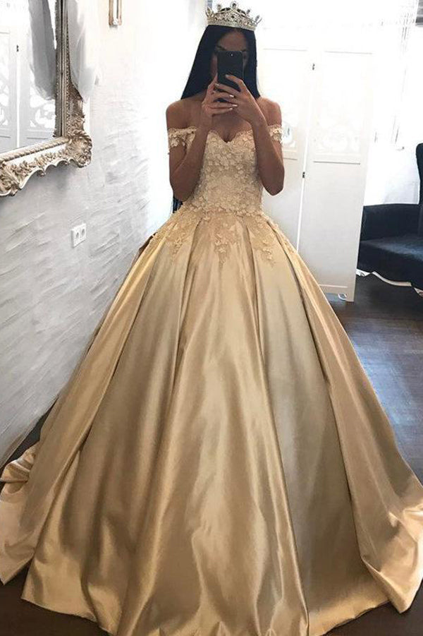 Unique Gold Floor Length Off The Shoulder Quinceanera Dresses With Appliques