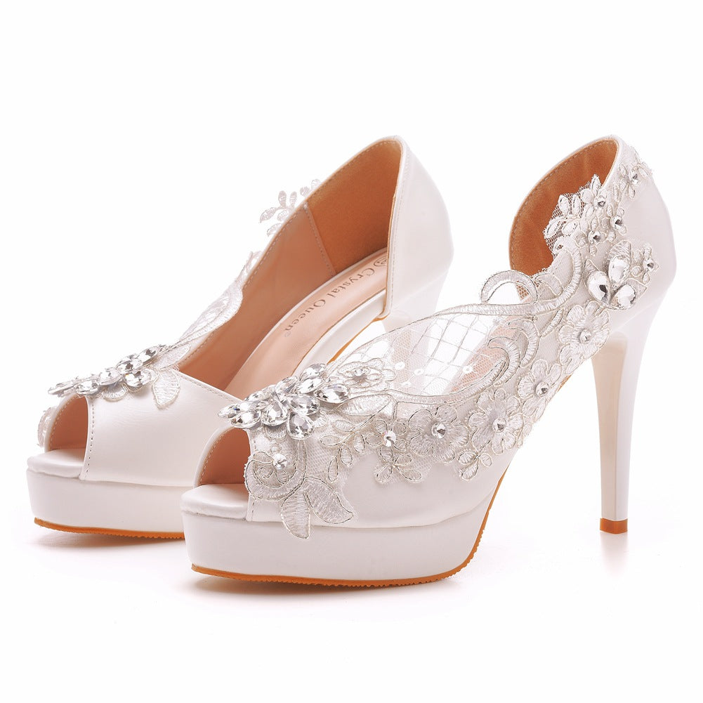 Peep Toe Lace Rhinestone Slip On Wedding High Heel