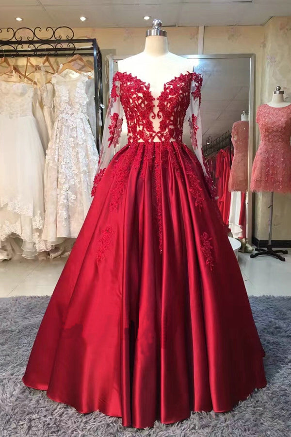 Red Floor Length Off Shoulder Long Sleeve Appliques Quinceanera Dresses