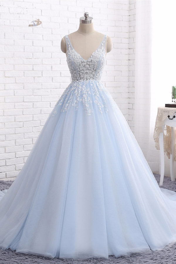 Ball Gown Chapel Train V Neck Sleeveless Backless Appliques Prom Dress,Party Dress P484 - Simibridaldresses