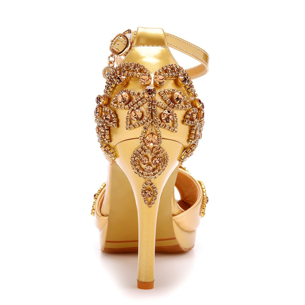 Peep Toe Rhinestone Flower Decor Platform Ankle-Strap High Heels