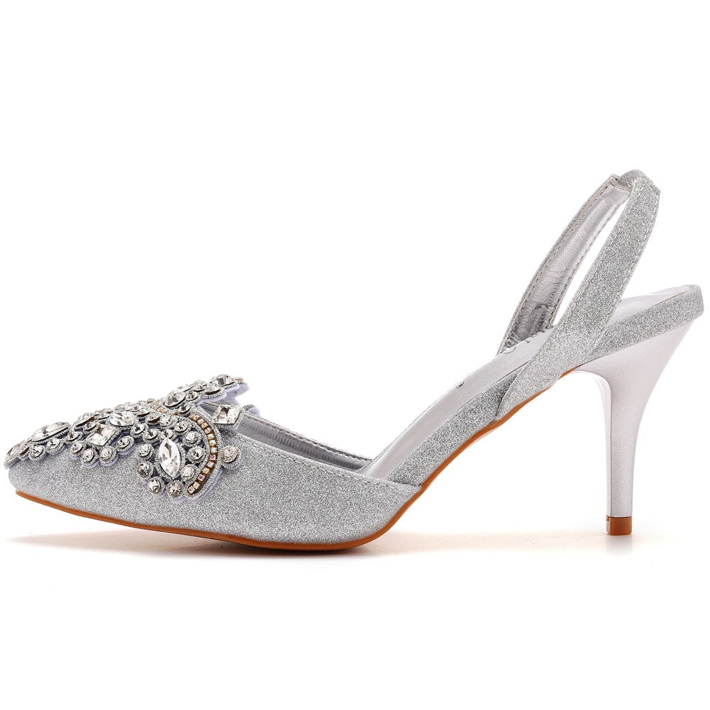 Pointed Toe Classic Rhinestone Flower Slingback High Heels