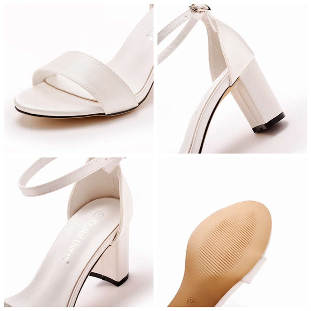 Open Toe Ivory Satin Ankle Strap Chunky Heeled Sandals