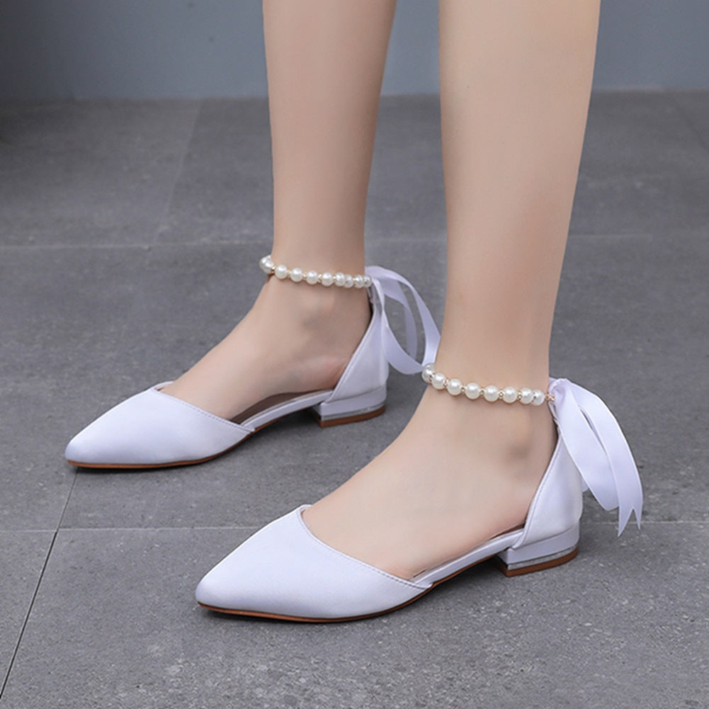 Elegant Pearl Ribbon Tie Satin Flat Heel Pointed Toe Bridal Shoes