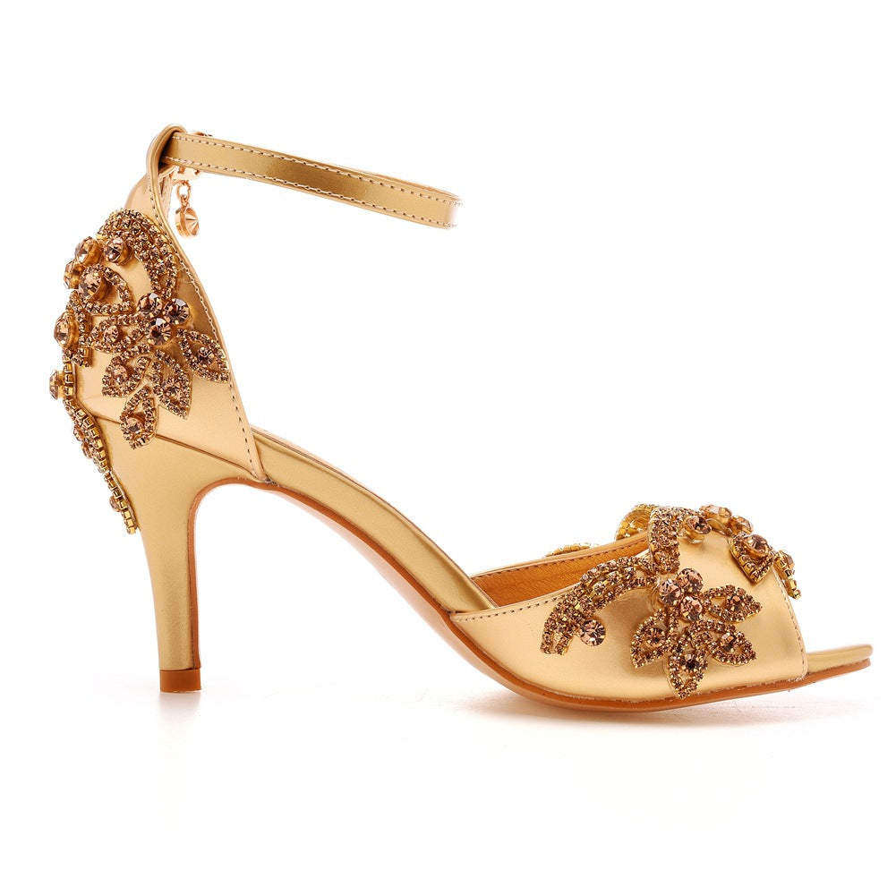 Peep Toe Rhinestone Ankle Strap High Heel