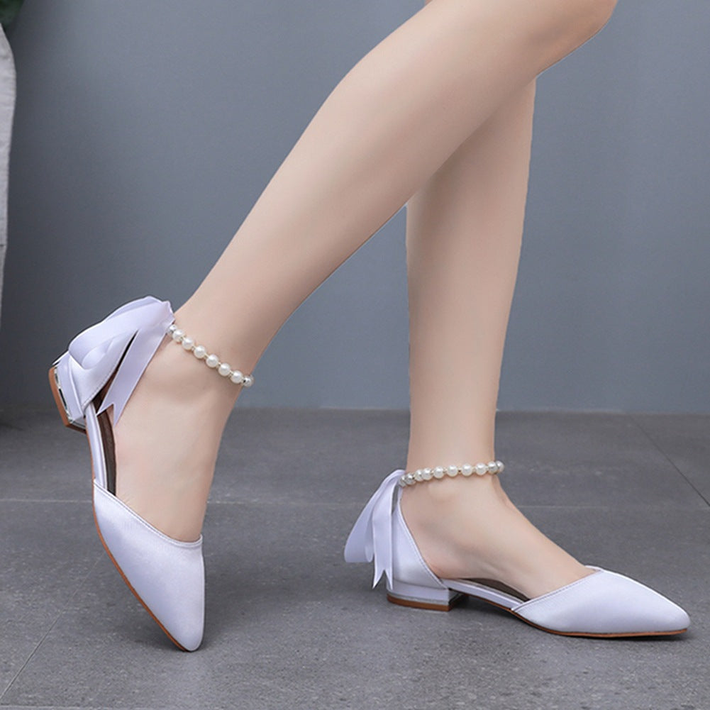 Elegant Pearl Ribbon Tie Satin Flat Heel Pointed Toe Bridal Shoes